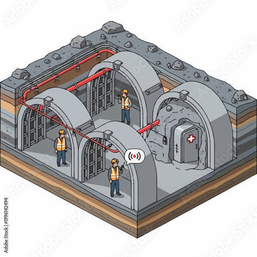 Underground bunker complex with workers and medical room.