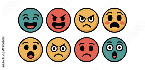 Emoji faces vector illustration set with different expressions and emotions
