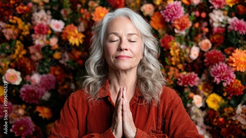 A cheerful woman with silver hair smiling blissfully in front of a backdrop of vibrant flowers, representing joy, beauty, and connection with nature in a lively setting.