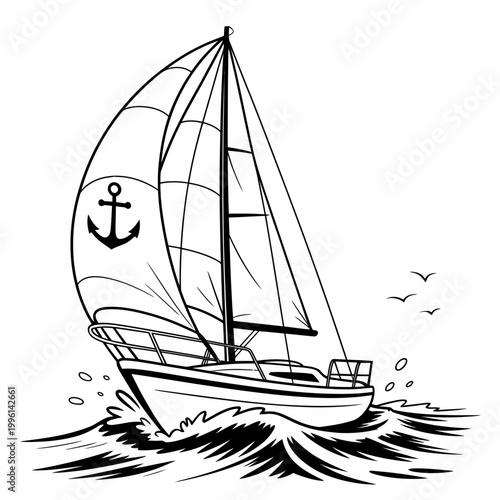 Sailing yacht with anchor on sail in choppy waters with birds flying  sailing