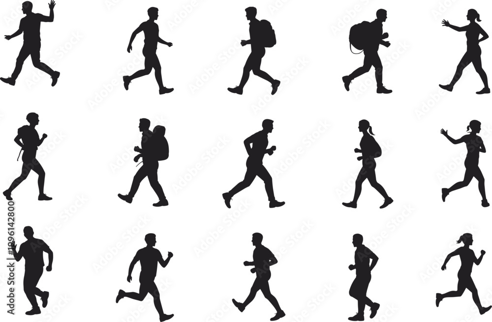 Fototapeta premium Black silhouette people walking and running poses, dynamic human movement collection, backpacks, diverse postures, motion study vector illustration