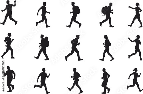 Black silhouette people walking and running poses, dynamic human movement collection, backpacks, diverse postures, motion study vector illustration