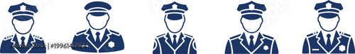 Five blue police officer with different hats and uniforms