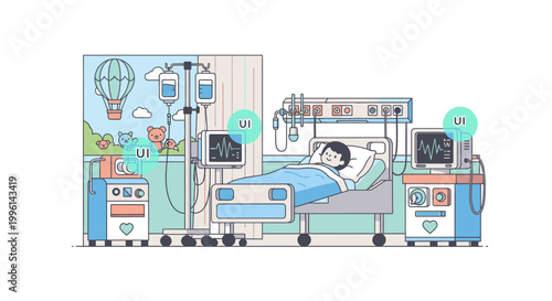 A patient lies in a hospital bed surrounded by medical equipment with a serene and calming atmosphere in a clinical setting.