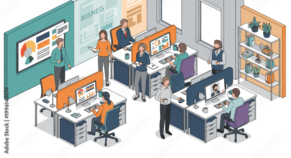 Fototapeta premium Isometric office environment depicts team collaboration, business meetings, and data analysis, with professionals working on computers, showcasing modern workspace design and