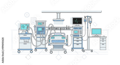 Detailed illustration of a hospital ICU medical equipment setup with various machines and monitors on wheels against a white background.