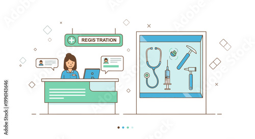 Illustration of a receptionist sitting at a desk with a computer and a sign reading 'Registration' above, with a medical tool display on a door behind her in a simple office setting.