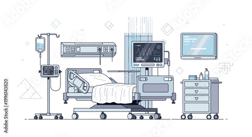 Line drawing of a hospital bed with medical equipment and monitors on wheels in a clinical setting.