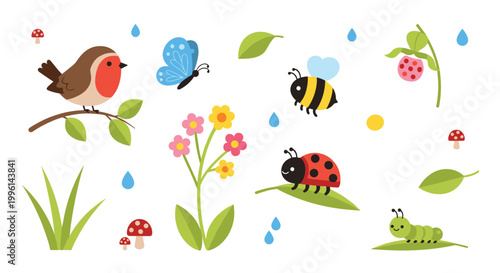 A collection of cute spring themed illustrations featuring a bird on a branch, a butterfly, a bee, a ladybug, a caterpillar, flowers, and mushrooms on white.