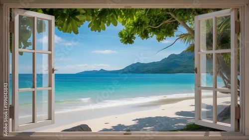 A serene tropical beach scene viewed through a window with open white shutters, showing turquoise water, white sand, and lush greenery.