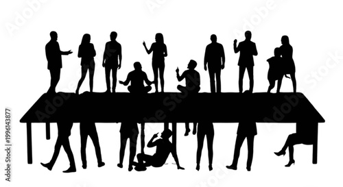 Silhouettes of people on a stage performing isolated on transparent background, Vector