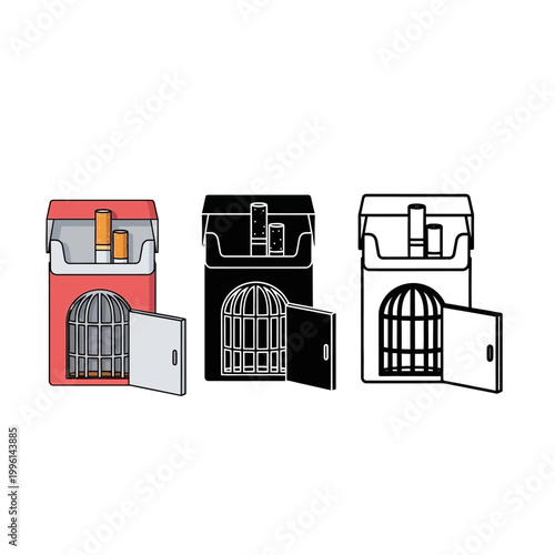 Three colorful cartoon cigarette packs with cage and open door  smoking concept  addiction and health issues