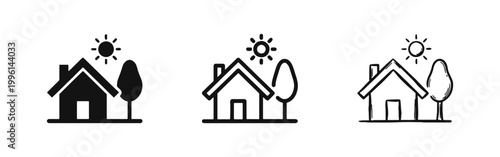 House icon set with tree and sun representing home, real estate, and eco-friendly living.