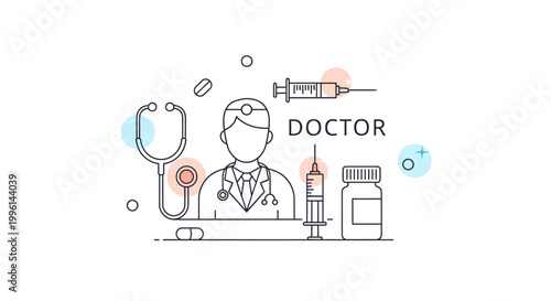 Line drawing of a doctor with medical tools and equipment on a white background with a simple and informative style.