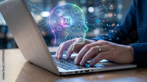 Person typing on laptop with glowing AI brain hologram artificial intelligence machine learning neural network augmented reali