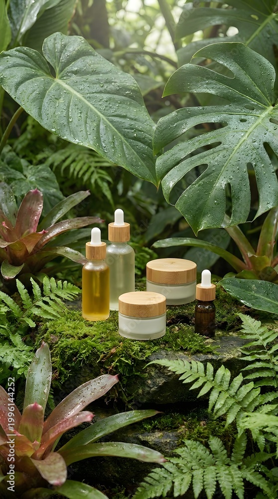 Fototapeta premium The background is a part of the lush tropical rainforest, with broad-leaved plants covered with dew, giving the beauty products a natural, fresh and high-end feel.