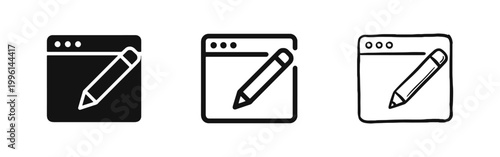 Web editing icon set with browser and pencil for content creation and website management.