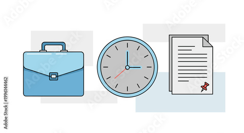 Minimalist business concept illustration featuring a blue briefcase, a clock with red second hand, and a document pinned with a pushpin, all rendered in a clean, modern vector