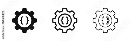 Coding and development icon set with gear and curly brackets for software engineering.