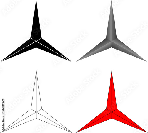 Four 3D three-point star icons in black, gray gradient, outline, and red. Sharp geometric vector