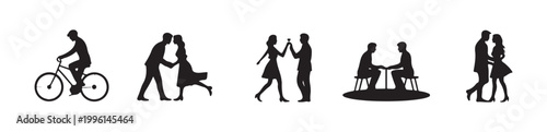 Everyday romantic activities couple silhouettes dating lifestyle picnic toasting biking vector illustration set