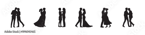 Diverse couple silhouettes collection dancing embracing walking relationship interaction vector graphic set