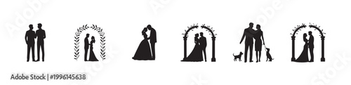 Elegant wedding couple silhouettes under floral arches and walking with pets in diverse poses set