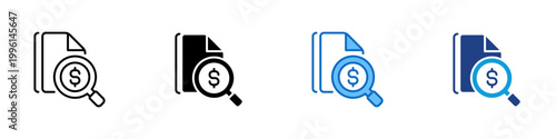 Cost Analysis Multiple Style Icon Design Vector - Document with magnifier and dollar symbol representing cost analysis, financial review, and budget evaluation