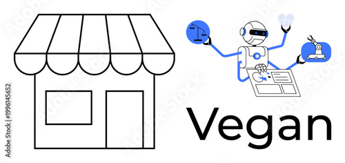 Vegan business, ethical retail, artificial intelligence, robotics, automation, sustainability. Robot analyzing charts near a storefront icon. Vegan business and ethical retail innovation concept