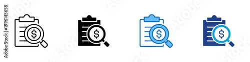 Financial Audit Multiple Style Icon Design Vector - Clipboard with magnifier and dollar sign representing financial audit, expense review, and accounting inspection