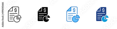 Financial Report Multiple Style Icon Design Vector - Document with dollar sign and pie chart representing financial report, data analysis, and budget evaluation
