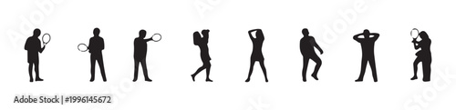 Silhouettes of people playing tennis and posing black vector illustration set isolated on white