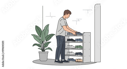 Man organizing shoes on a multi-tiered shoe rack next to a potted plant