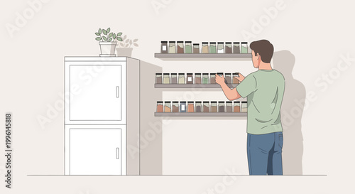 Man organizing spices on shelves in a kitchen, home cooking, pantry organization