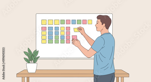 Man organizing sticky notes on a Kanban board, business planning and project management concept