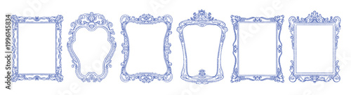 Frame with oval hand drawn design. Line border for vintage mirror, photo, picture. Antique frame border ornate vector bg. Blue wavy doodle card with floral coastal ornament for wedding menu invitation