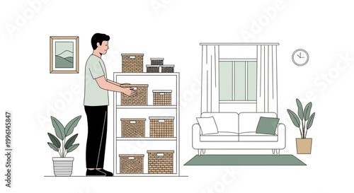 Man organizing storage baskets on shelves in a modern living room, home organization concept