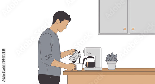 Man pouring coffee from a pot into a mug next to a coffee maker