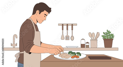 Man preparing healthy meal with chicken, broccoli, and carrots in a kitchen