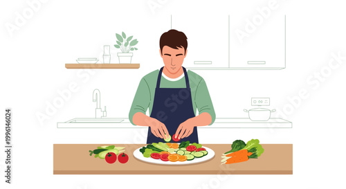 Man preparing healthy food in kitchen, chopping vegetables for a fresh salad