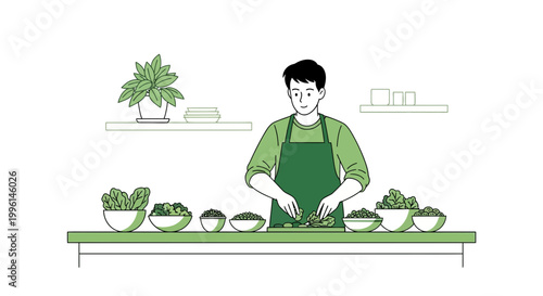 Man preparing fresh salad with organic vegetables and herbs in a kitchen