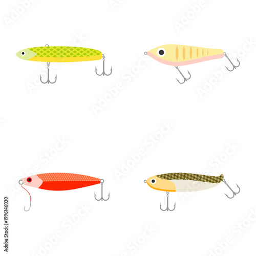 set of fishing lures and artificial baits with hooks flat design vector illustration isolated on white background