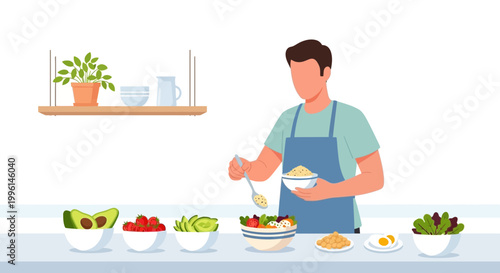 Man preparing healthy salad with fresh ingredients, cooking and healthy lifestyle