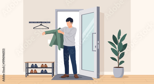 Man Putting On Jacket at Home Entrance, Ready to Go Out
