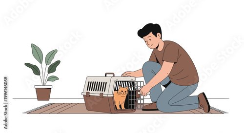 Man puts cat into carrier for travel, preparing for vet visit or moving house