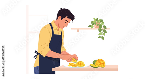 Man slicing ripe mango fruit in kitchen, healthy eating, fresh food preparation