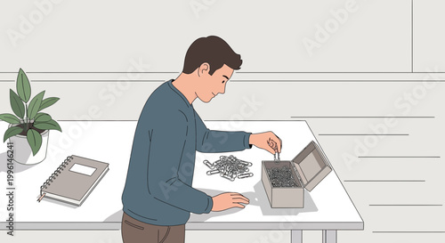 Man sorting paper clips in a box, desk with notebook and plant