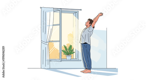Man stretching arms waking up in morning sun by window, healthy lifestyle concept