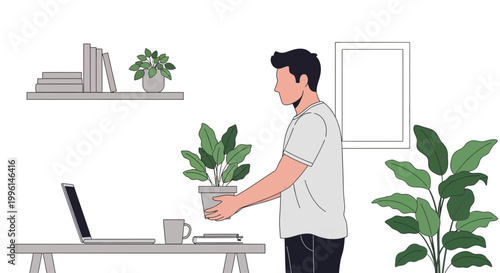 Man tending to houseplants in a modern home office with laptop and books