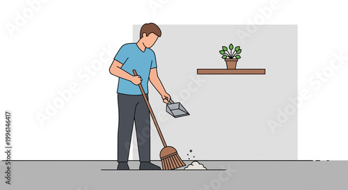 Man sweeping floor with broom and dustpan, cleaning house, domestic chores